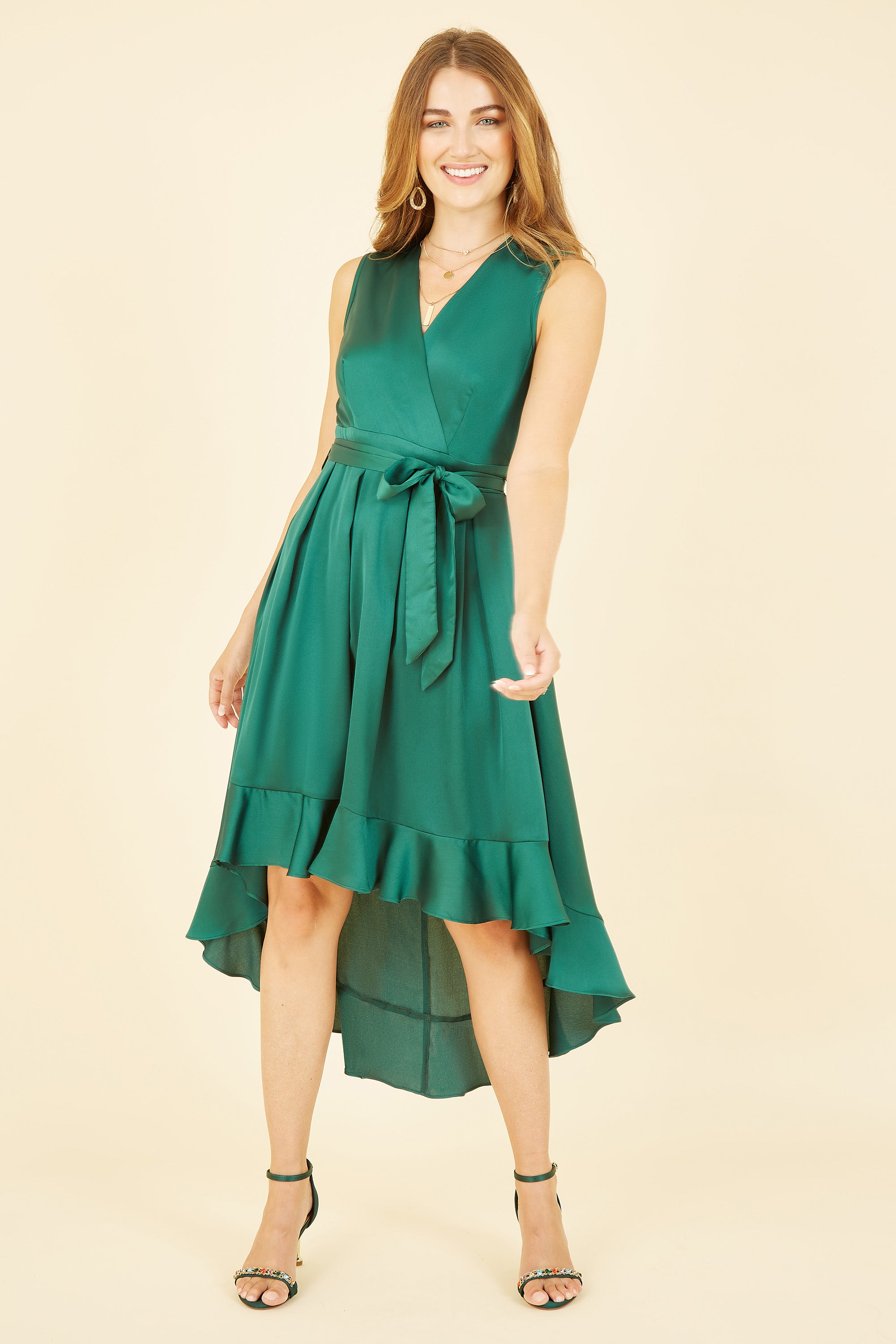 Mela London Green Satin Dipped Hem Wrap Over Midi Dress Tradegala